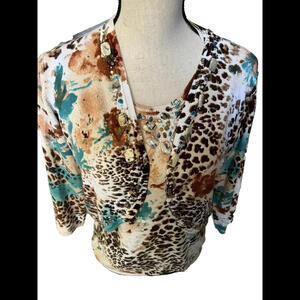 🧣🐩Elizabeth Cardigan Sweater/ Top Bolero 3/4 Sleeve Beige Turquoise Size M